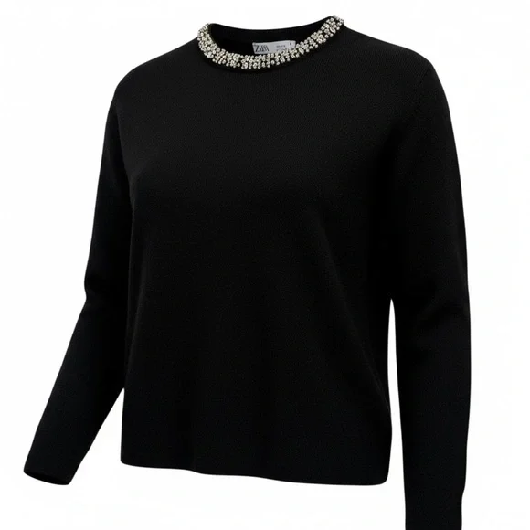 Zara Jewel Neck Black Knit Sweater Small EUC - Picture 2 of 13